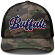 Buffalo Football camouflage mesh trucker hat featuring retro embroidered Buffalo lettering in red white and blue, rugged fan headwear with bold game day style.