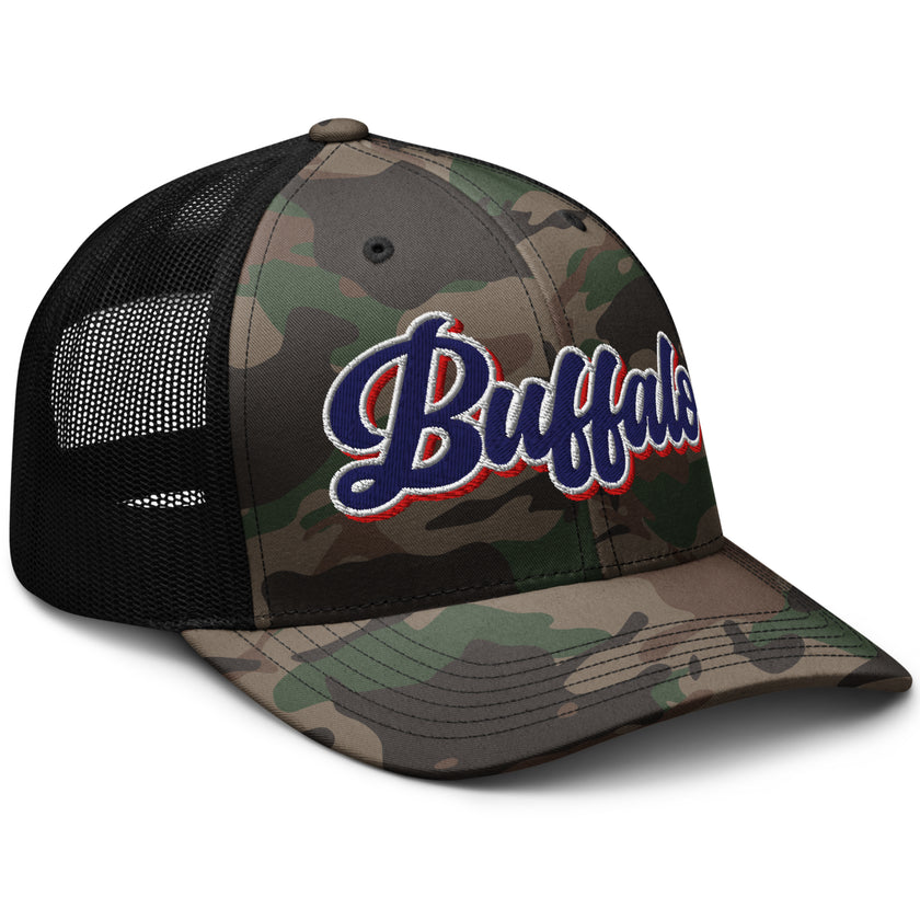 Right side view of Buffalo football mesh hat featuring a classic camouflage print and colorful embroidered Buffalo lettering for a bold fan look.
