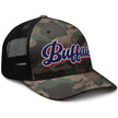 Right side view of Buffalo football mesh hat featuring a classic camouflage print and colorful embroidered Buffalo lettering for a bold fan look.