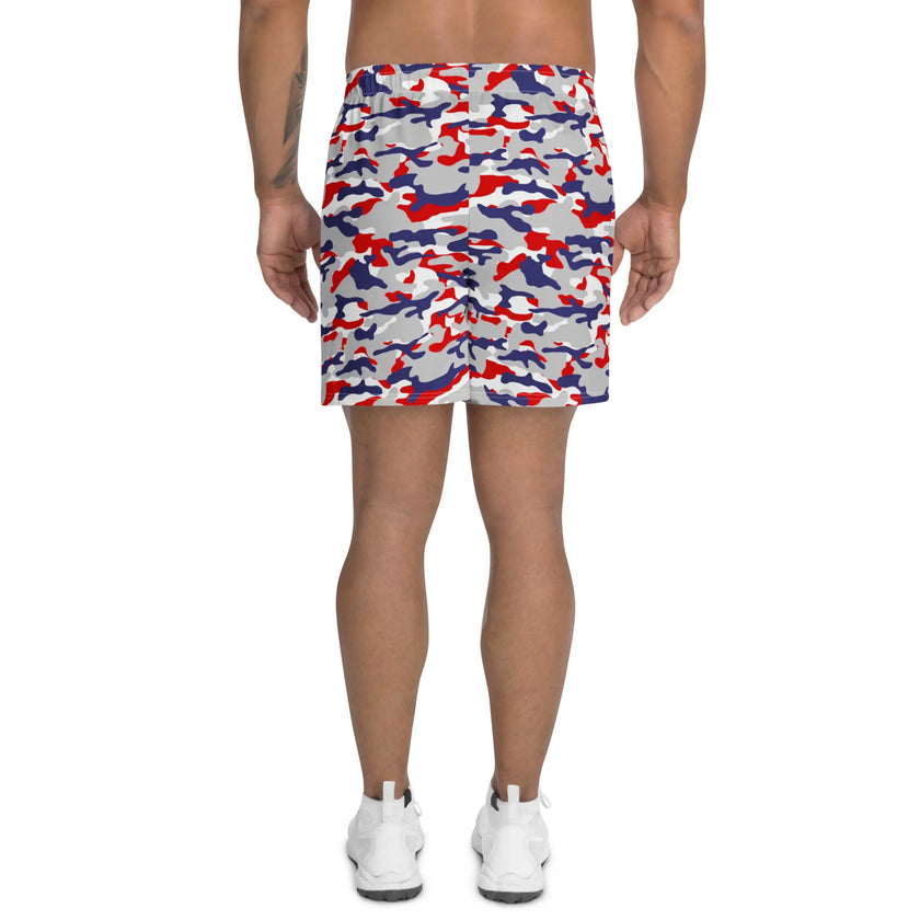 Back view of Buffalo Nickel City workout shorts showcasing the distinctive red, blue & grey color camouflage pattern and sporty athletic design for active men.