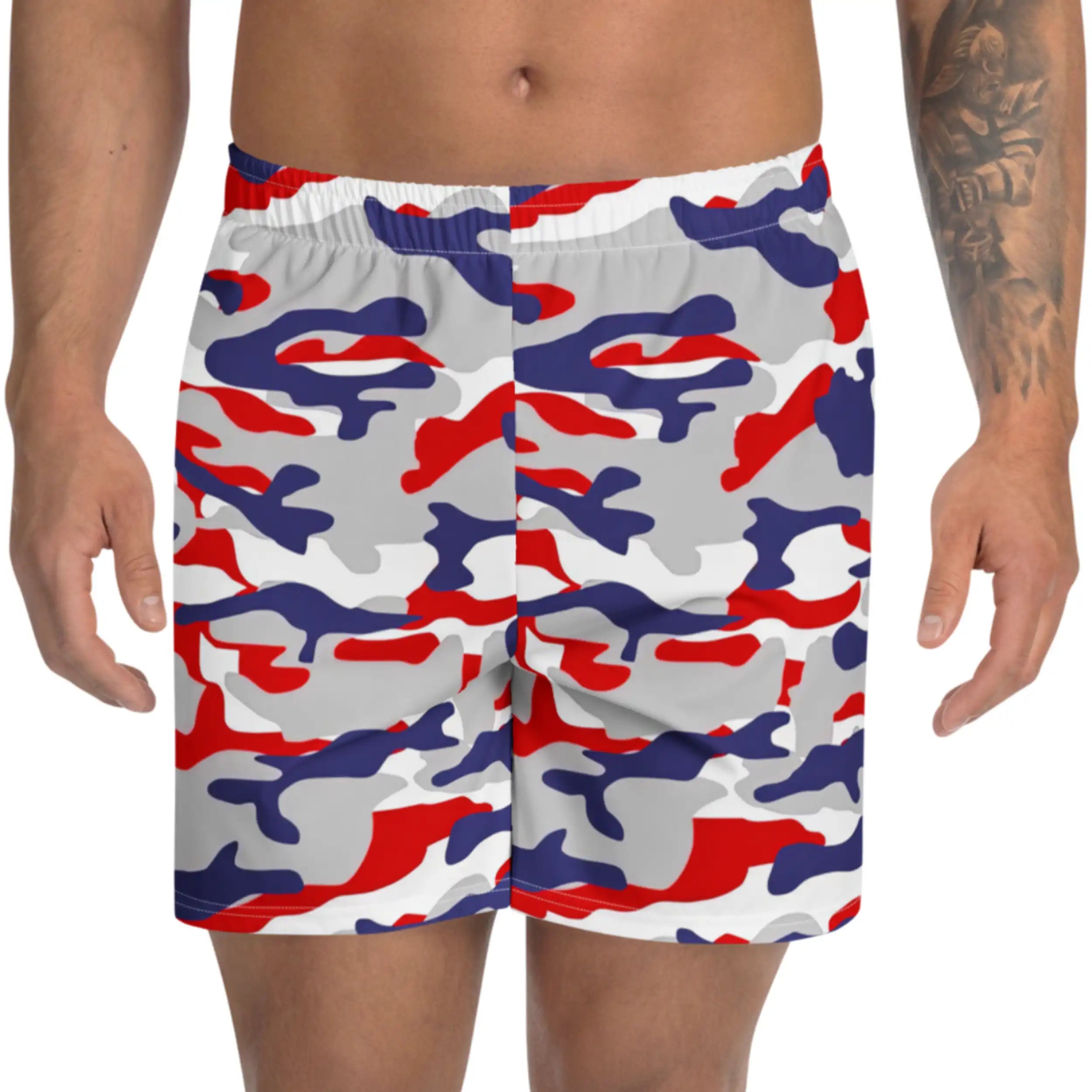 Close-up of original Buffalo football camouflage athletic shorts featuring bold red white blue and grey team-color camo print, eye-catching activewear for workouts and everyday wear.