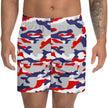 Close-up of original Buffalo football camouflage athletic shorts featuring bold red white blue and grey team-color camo print, eye-catching activewear for workouts and everyday wear.