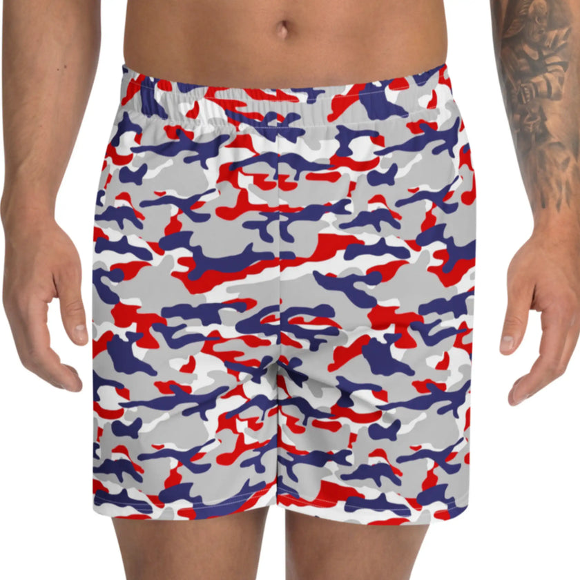 Close-up of original Buffalo Nickel City camouflage athletic shorts featuring bold red white blue and grey color camo print, eye-catching activewear for workouts and everyday wear.