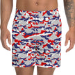 Close-up of original Buffalo Nickel City camouflage athletic shorts featuring bold red white blue and grey color camo print, eye-catching activewear for workouts and everyday wear.