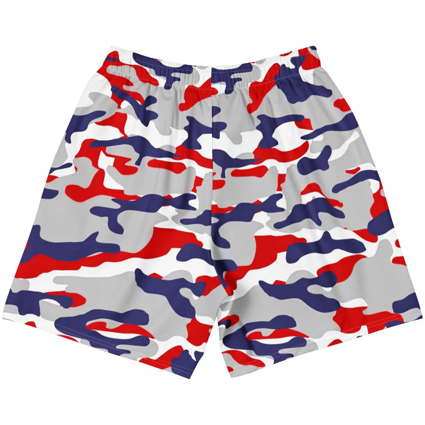 Flat lay back view of unisex Buffalo football workout shorts featuring a bold original team-color camouflage print and athletic design for active wear.