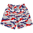 Flat lay back view of unisex Buffalo football workout shorts featuring a bold original team-color camouflage print and athletic design for active wear.