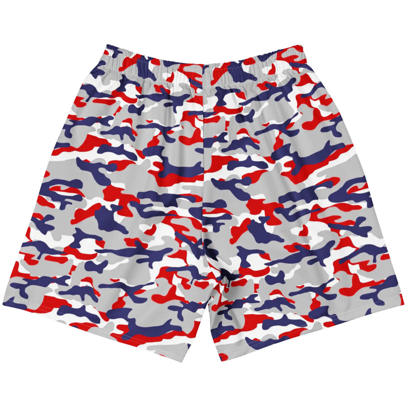 Flat lay back view of unisex Buffalo Nickel City workout shorts featuring a bold red, blue & grey color camouflage print and athletic design for active wear.