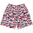 Flat lay back view of unisex Buffalo Nickel City workout shorts featuring a bold red, blue & grey color camouflage print and athletic design for active wear.