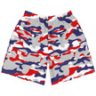 Flat lay front view of Buffalo football athletic shorts showcasing the original red white blue and grey camouflage pattern, designed for training, workouts, and active everyday style.