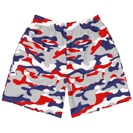 Flat lay front view of Buffalo football athletic shorts showcasing the original red white blue and grey camouflage pattern, designed for training, workouts, and active everyday style.