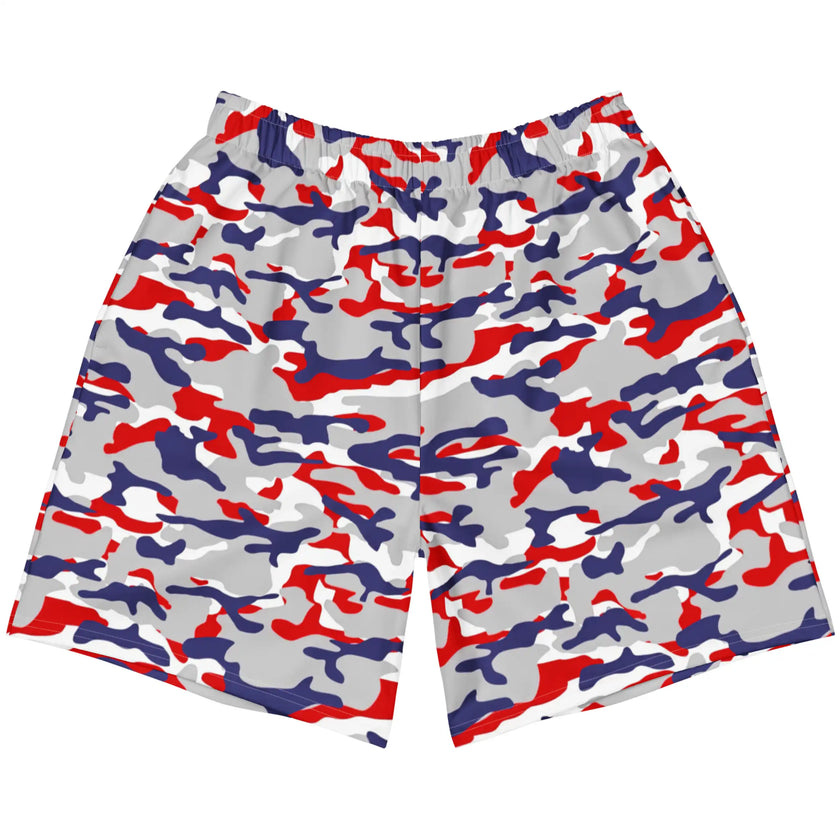 Flat lay front view of Buffalo Nickel City athletic shorts showcasing the original red white blue and grey camouflage pattern, designed for training, workouts, and active everyday style.