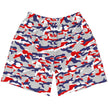 Flat lay front view of Buffalo Nickel City athletic shorts showcasing the original red white blue and grey camouflage pattern, designed for training, workouts, and active everyday style.