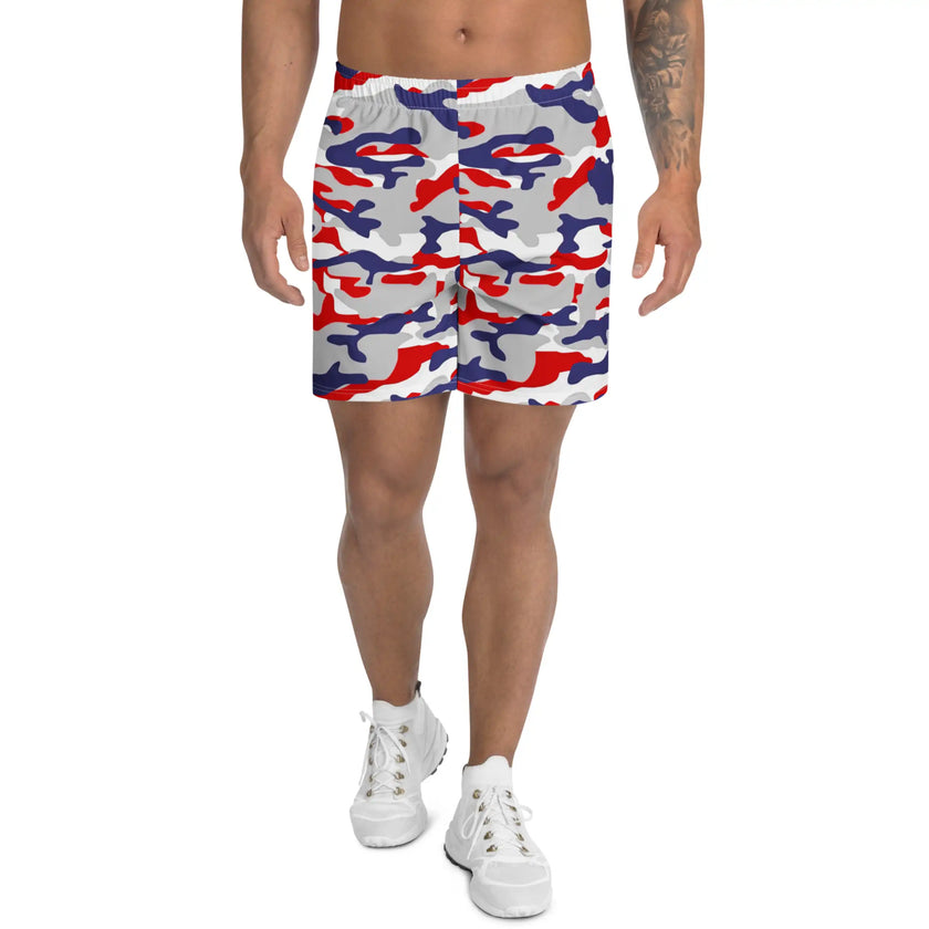 Men’s Buffalo football camo athletic shorts featuring original red white blue and grey camouflage, lightweight activewear for gym workouts, training, sports, and everyday movement.