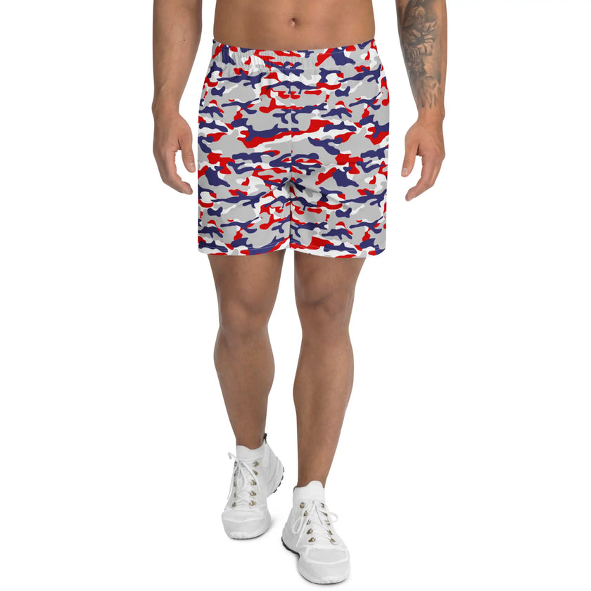 Men’s Buffalo Nickel City camo athletic shorts featuring original red white blue and grey camouflage, lightweight activewear for gym workouts, training, sports, and everyday movement.