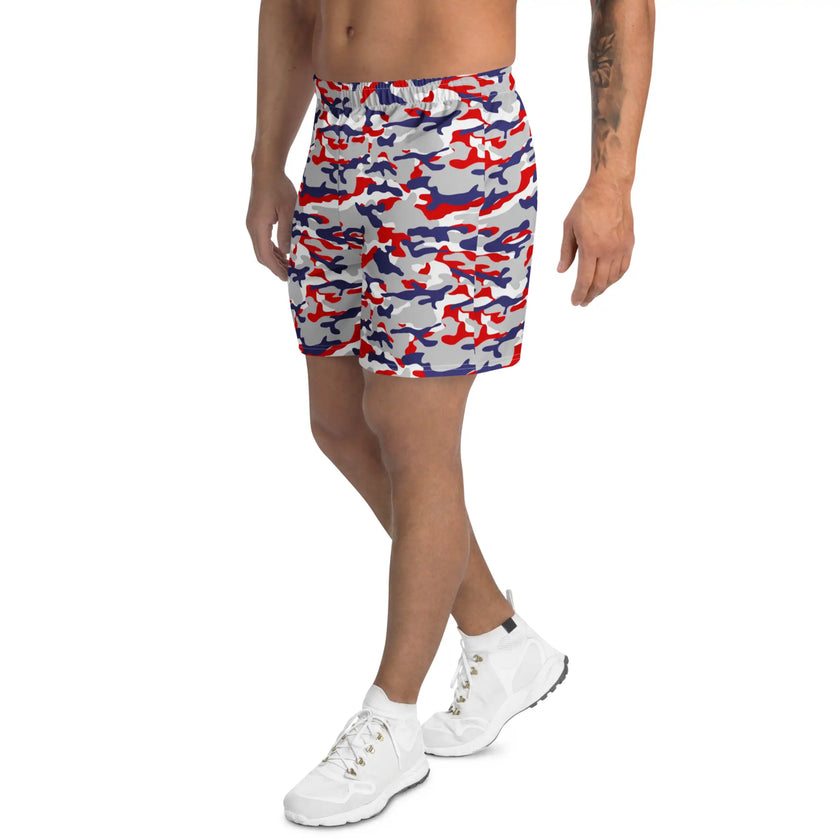 Left side view of Buffalo Nickel City gym shorts featuring the original red white blue and grey camo pattern, bold sporty style for training and daily wear.