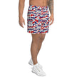 Right side view of unisex Buffalo Nickel City camo shorts displaying the unique red, blue & grey camouflage print and athletic silhouette for workouts and active lifestyles.