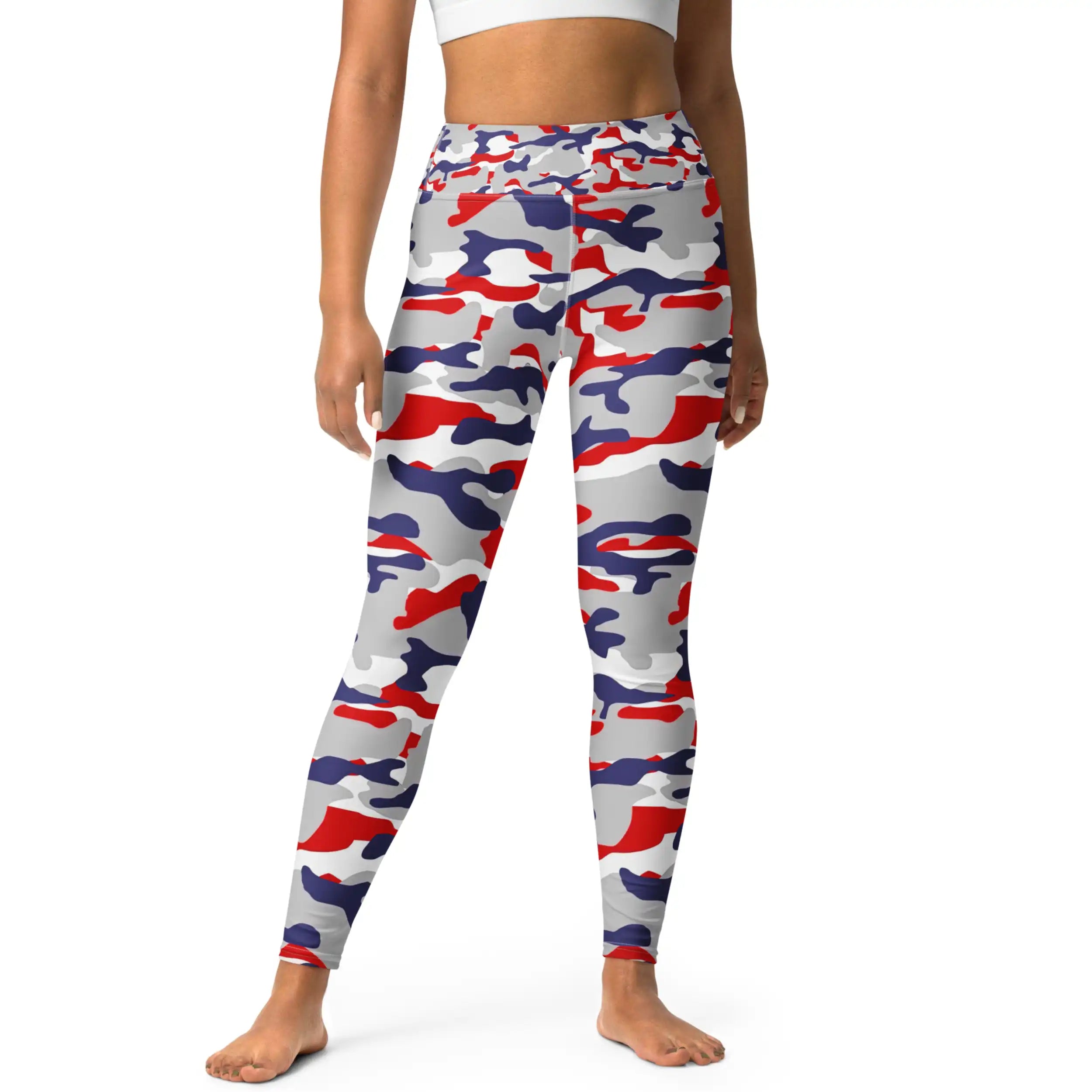 Adult Buffalo football camouflage leggings featuring an original red white blue and grey team-color camo pattern, bold fitted fan apparel designed to stand out.