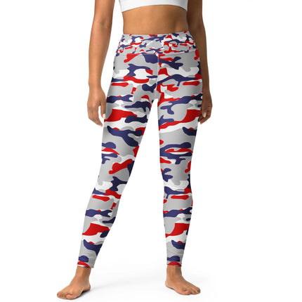 Adult Buffalo football camouflage leggings featuring an original red white blue and grey team-color camo pattern, bold fitted fan apparel designed to stand out.