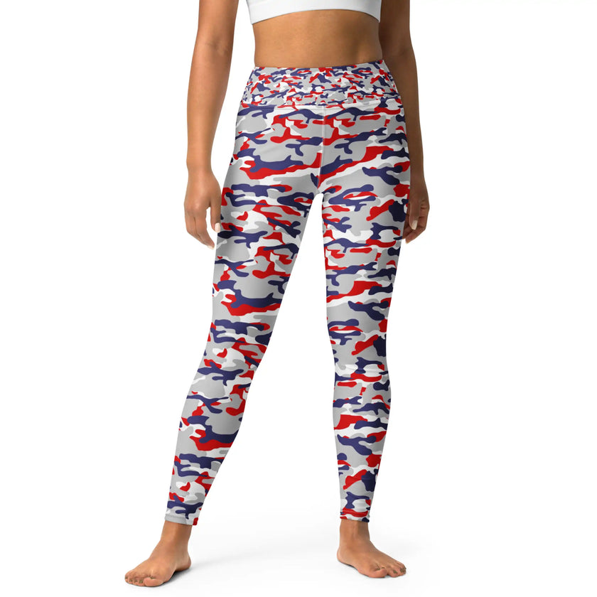 Adult Nickel City camouflage leggings featuring an original Buffalo red white blue and grey color camo pattern, bold fitted fan apparel designed to stand out.