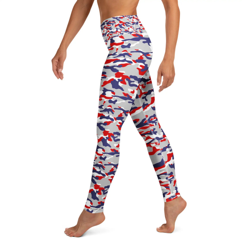 Left side view of adult Nickel City Buffalo fan leggings featuring camouflage pattern and comfortable fitted stretch silhouette.