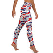 Right side view of Buffalo football camo leggings displaying the unique red white blue and grey pattern, bold statement apparel for fans.