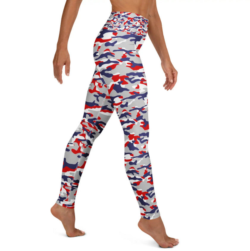 Right side view of Nickel City grey, red, and blue camouflage leggings displaying the unique camo pattern, bold statement apparel for fans.