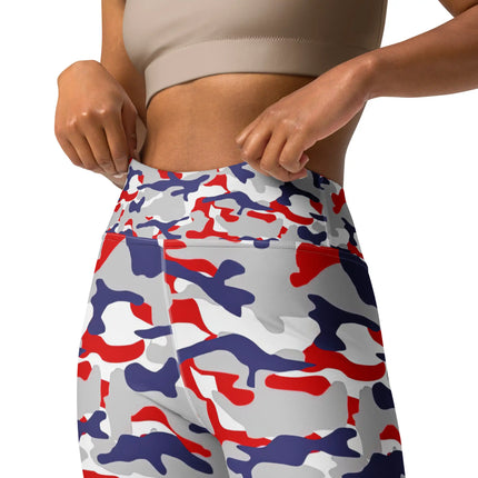 Close-up of the waistband on Buffalo football camo leggings, highlighting the detailed original camouflage pattern in bold red white blue and grey colors.