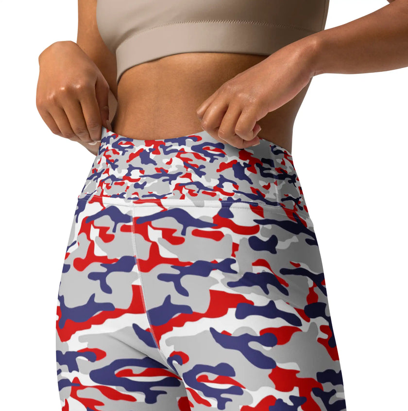 Close-up of the waistband on Nickel City Buffalo camo leggings, highlighting the detailed original camouflage pattern in bold red white blue and grey colors.
