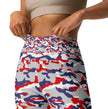 Close-up of the waistband on Nickel City Buffalo camo leggings, highlighting the detailed original camouflage pattern in bold red white blue and grey colors.