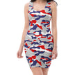 Buffalo football bodycon mini dress featuring an original red white blue and grey camouflage pattern, bold signature fan fashion designed to stand out.