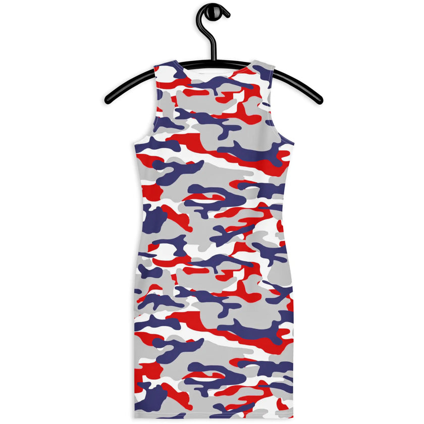 Hanging back view of Buffalo fan mini dress showcasing the distinctive team-color camo design, original pattern, and eye-catching bodycon silhouette.