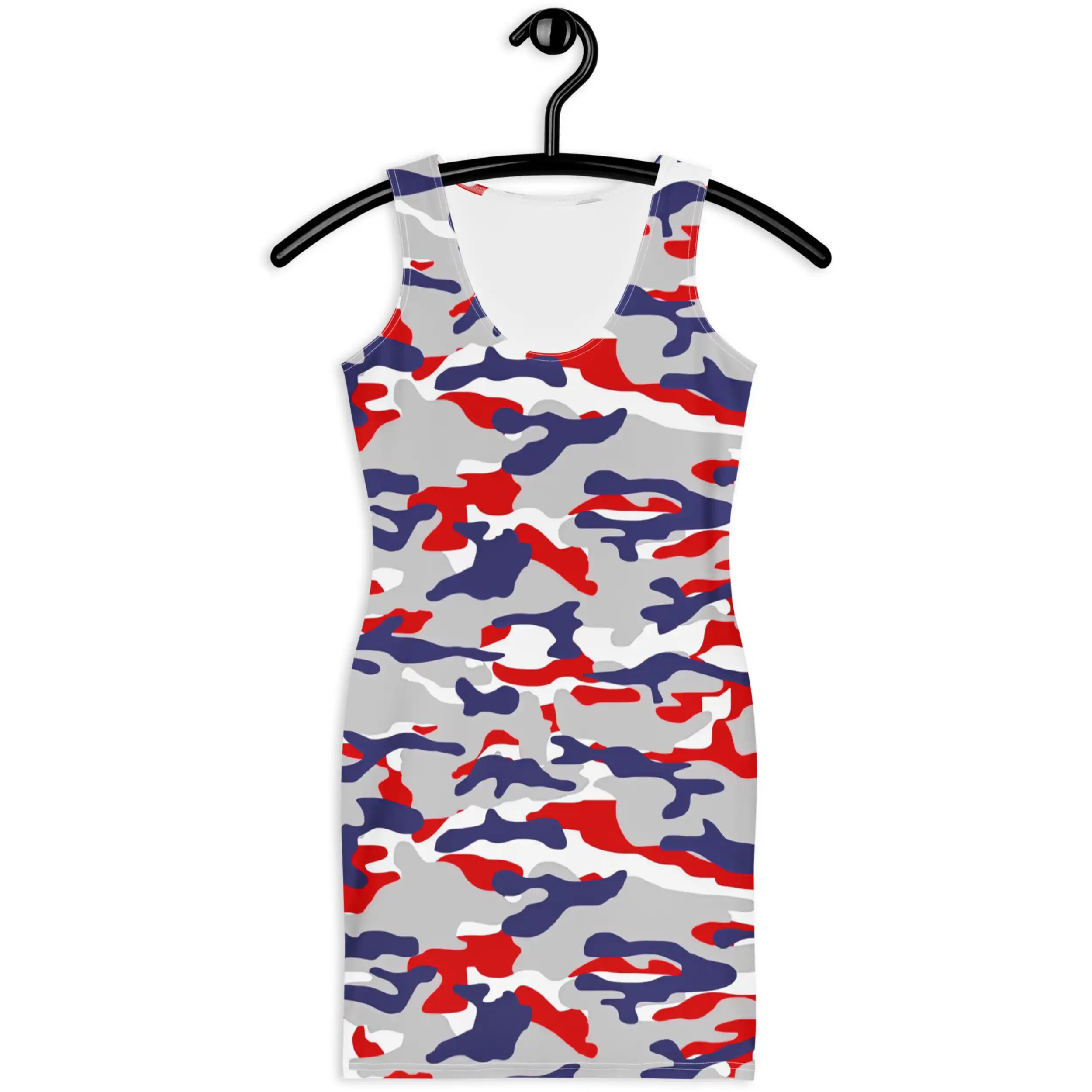 Hanging front view of original Buffalo football bodycon dress highlighting the bold red white blue and grey camouflage pattern and sleek fitted shape.