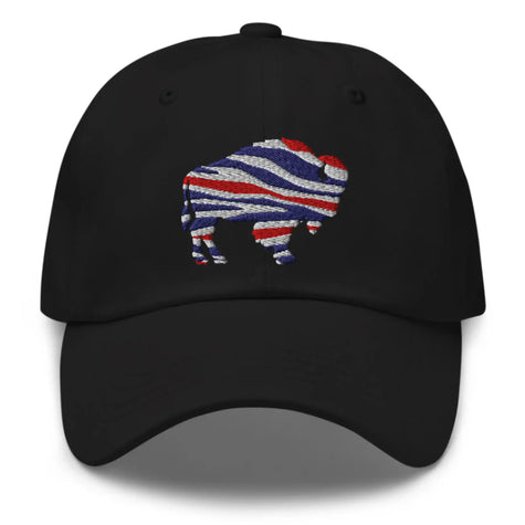 Black dad cap with embroidered Buffalo silhouette in red white and blue football team stripes, Buffalo football inspired hat design.