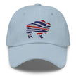 Light blue dad hat with embroidered Buffalo silhouette in red white and blue football team color stripes, casual Buffalo fan hat.