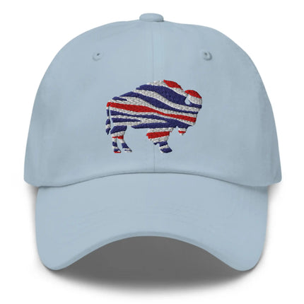 Light blue dad hat with embroidered Buffalo silhouette in red white and blue football team color stripes, casual Buffalo fan hat.