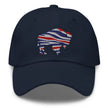 Navy classic dad hat featuring embroidered Buffalo silhouette with red white and blue striped football team colors, Buffalo sports cap.