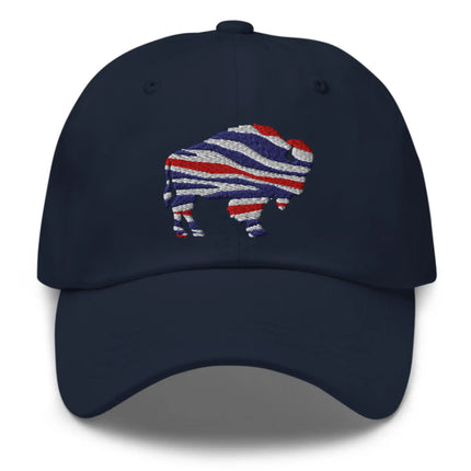 Navy classic dad hat featuring embroidered Buffalo silhouette with red white and blue striped football team colors, Buffalo sports cap.