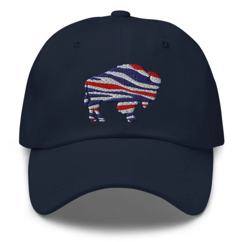 Navy classic dad hat featuring embroidered Buffalo silhouette with red white and blue striped football team colors, Buffalo sports cap.