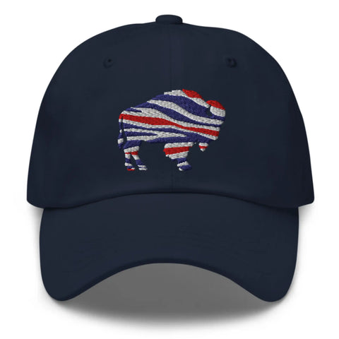 Navy classic dad hat featuring embroidered Buffalo silhouette with red white and blue striped football team colors, Buffalo sports cap.