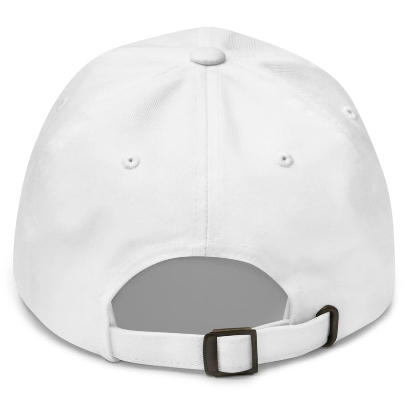 White classic dad hat back view showing adjustable strap and clean embroidered Buffalo football inspired cap design.