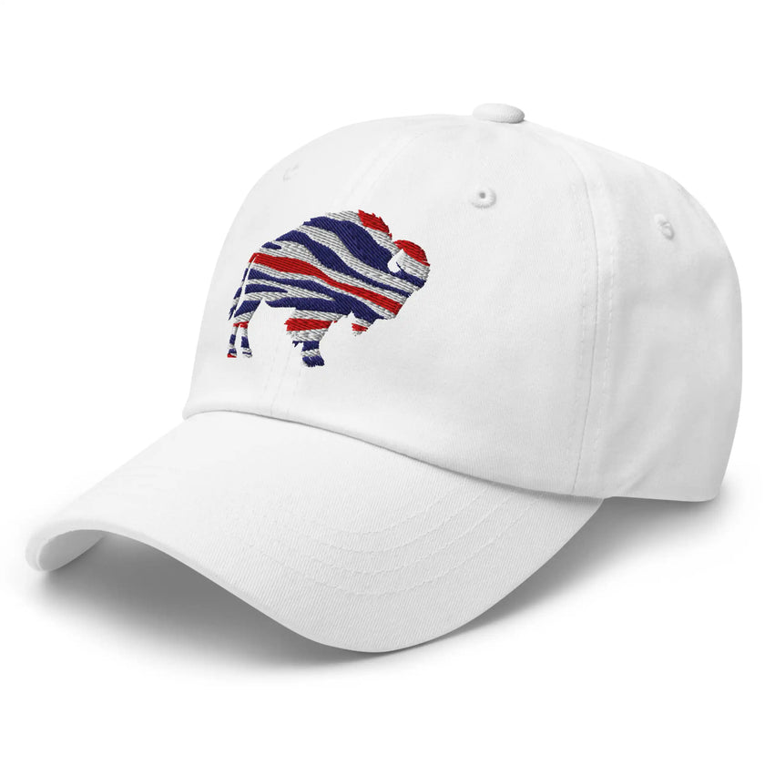 White dad cap left front angle featuring embroidered Buffalo silhouette in red white and blue football team colors