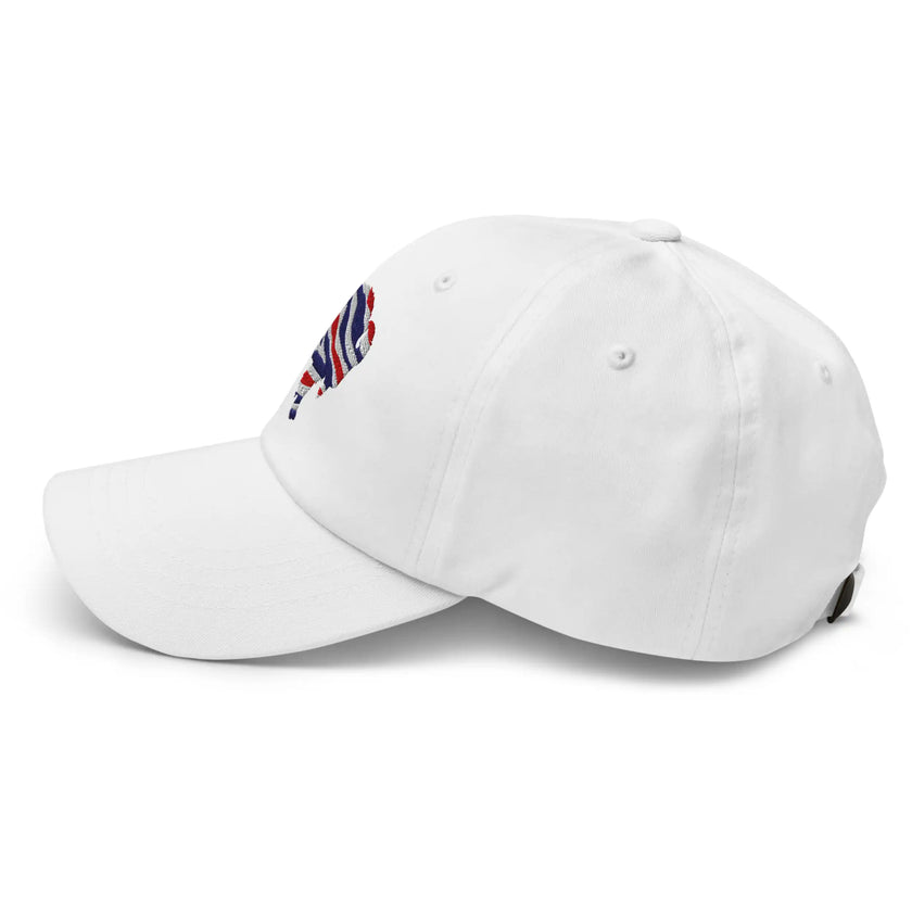White dad hat left side view featuring embroidered Buffalo silhouette with red white and blue football team stripes.