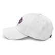 White dad hat left side view featuring embroidered Buffalo silhouette with red white and blue football team stripes.