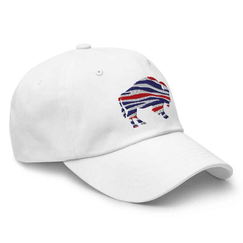 White classic dad hat right front angle showing embroidered Buffalo silhouette with red white blue football stripes.