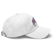 White classic dad hat right side view with embroidered Buffalo football striped silhouette design and curved brim.