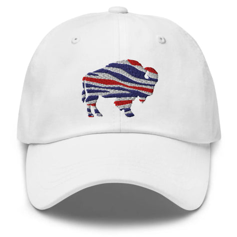 White classic dad hat featuring embroidered Buffalo silhouette with red white and blue football team color stripes, clean Buffalo fan cap.