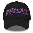 Black dad hat featuring bold Buffalo football varsity block lettering in red white and blue team colors, classic Buffalo sports cap design.