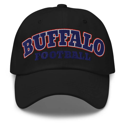 Black dad hat featuring bold Buffalo football varsity block lettering in red white and blue team colors, classic Buffalo sports cap design.