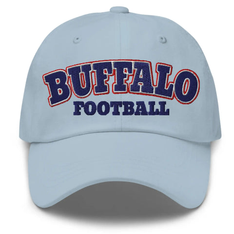 Light blue dad hat with Buffalo football varsity block lettering in red white and blue embroidered design, Buffalo sports hat.