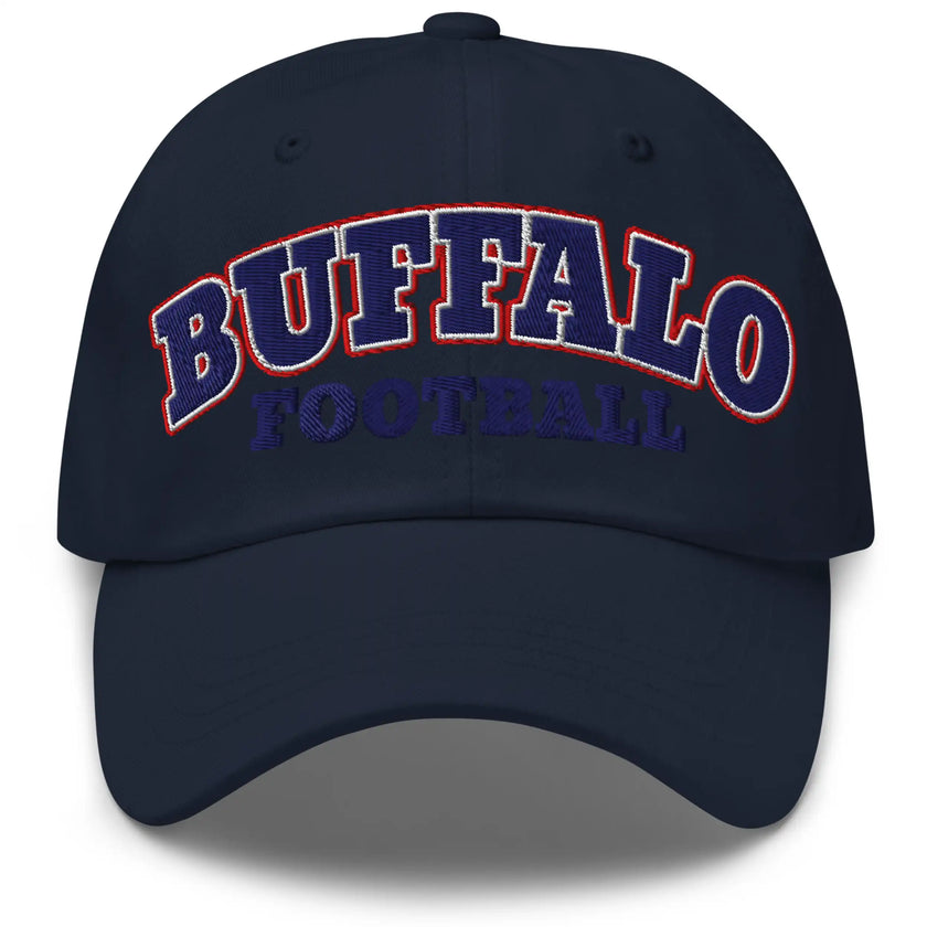 Navy dad hat with embroidered Buffalo football varsity block letters in red white and blue, Buffalo team inspired hat.